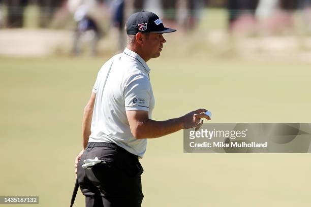 Gary Woodland of the United States waves to the crowd after making a birdie on the 11th hole during the first round of the CJ Cup at Congaree Golf...