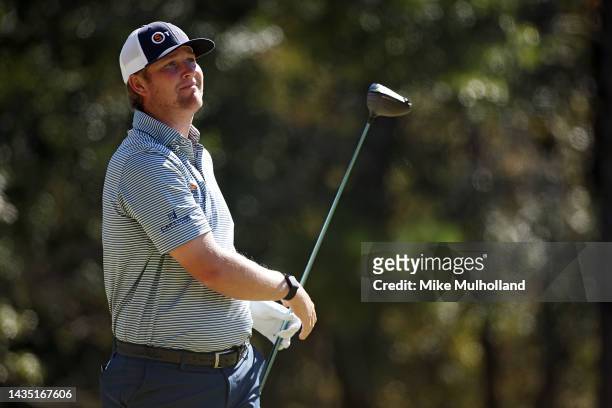 Trey Mullinax of the United States watches his tee shot on the 12th hole during the first round of the CJ Cup at Congaree Golf Club on October 20,...