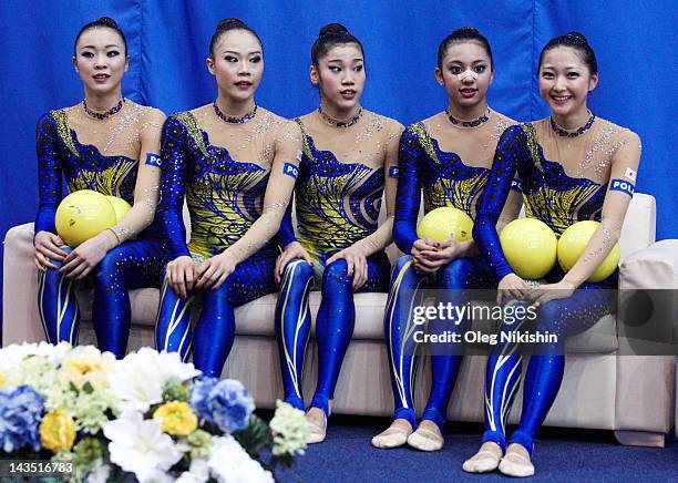 Yuka Endo, Rie Matsubara, Nina Saeed-Yokota, Airi Hatakeyama, Natsuki Fukase of Japanese team during competition of FIG Rhythmic Gymnastics World Cup...