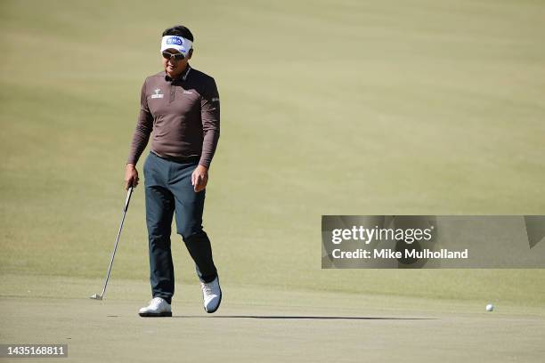 Sanghyun Park of South Korea looks over an upcoming putt on the 17th hole during the first round of the CJ Cup at Congaree Golf Club on October 20,...
