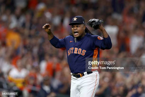 Framber Valdez of the Houston Astros reacts after the final out was recorded against the New York Yankees during the sixth inning in game two of the...
