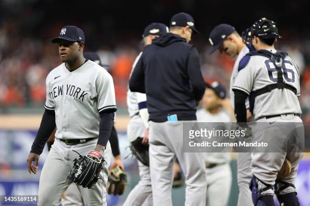 Luis Severino of the New York Yankees is removed during the sixth inning in game two of the American League Championship Series against the Houston...