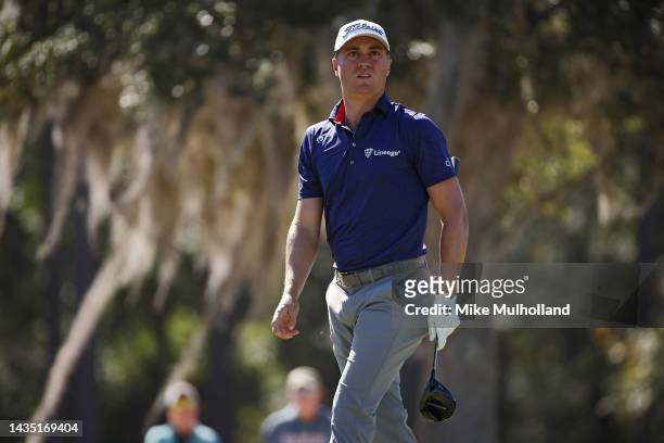 Justin Thomas of the United States watches his tee shot on the 17th hole during the first round of the CJ Cup at Congaree Golf Club on October 20,...