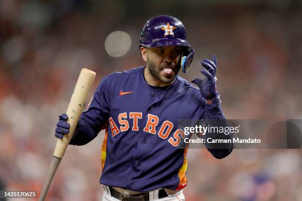 Jose Altuve of the Houston Astros reacts after popping out against the New York Yankees during the fifth inning in game two of the American League...
