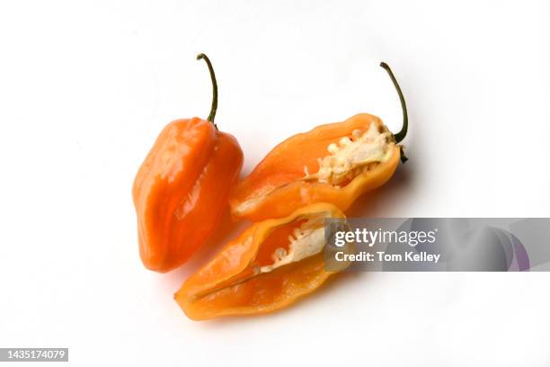 habanero pepper and halved habanero pepper - red hot cuba stock pictures, royalty-free photos & images