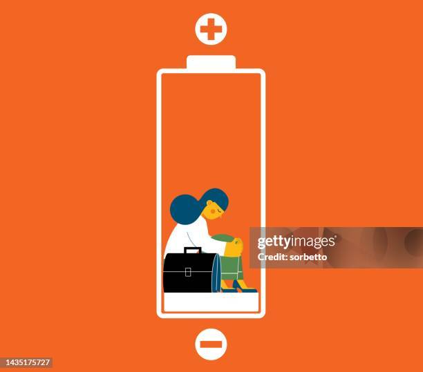 ilustrações de stock, clip art, desenhos animados e ícones de businesswoman with low battery - tired