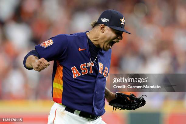 Bryan Abreu of the Houston Astros reacts after striking out Giancarlo Stanton of the New York Yankees during the eighth inning in game two of the...