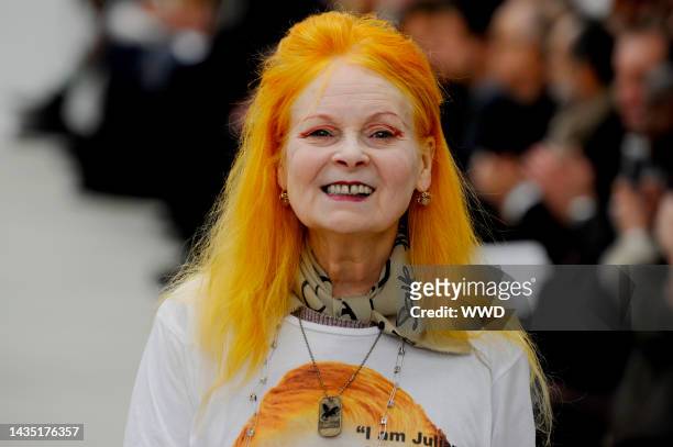 Fashion designer Vivienne Westwood on the runway after Vivienne Westwood Red Label's fall 2013 shwo at Saatchi Gallery.