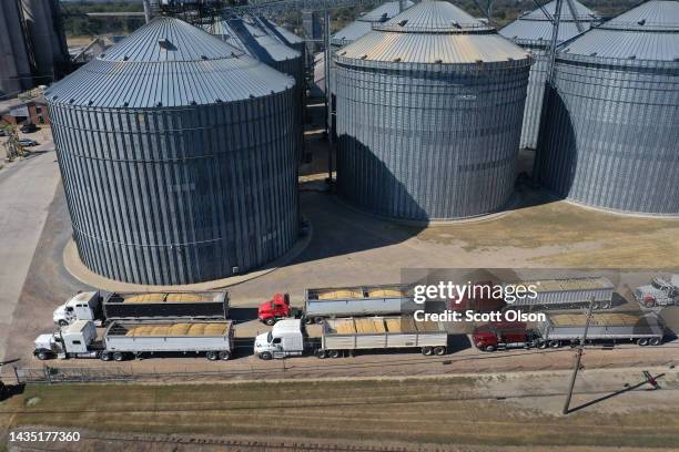 In this aerial view, trucks filled with grain line up at an elevator at the Port of Greenville along the Mississippi River on October 20, 2022 in...