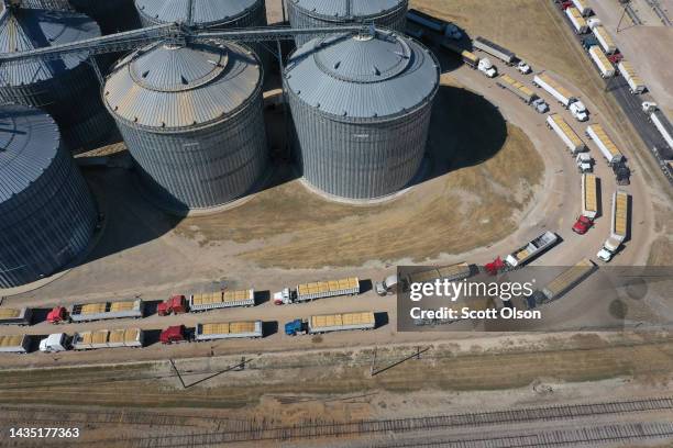 In this aerial view, trucks filled with grain line up at an elevator at the Port of Greenville along the Mississippi River on October 20, 2022 in...