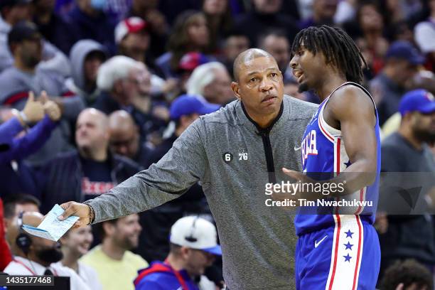Head coach Doc Rivers of the Philadelphia 76ers speaks with Tyrese Maxey during the fourth quarter against the Milwaukee Bucks at Wells Fargo Center...