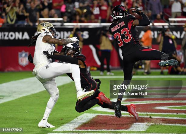 Antonio Hamilton of the Arizona Cardinals intercepts a pass in the end zone during the 1st quarter of the game against the New Orleans Saints at...