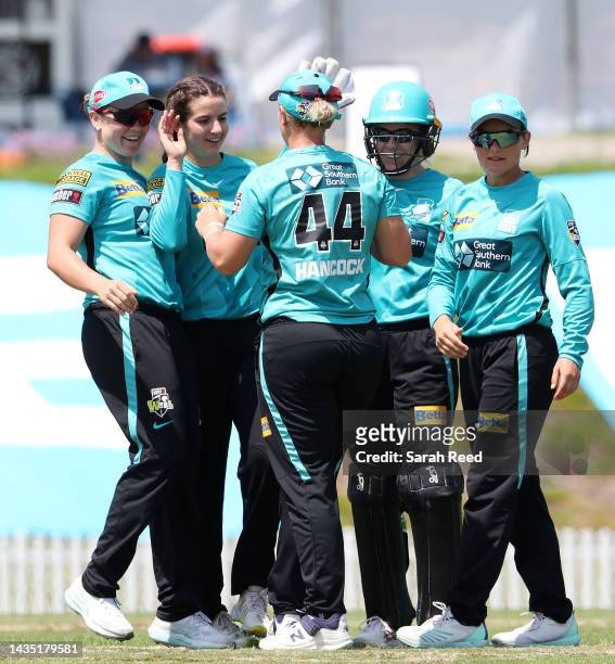 Charli Knott of the Heat and team mate Nicola Hancock celebrate the wicket of Hayley Matthews of the Melbourne Renegades for a duck during the...