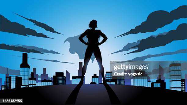 stockillustraties, clipart, cartoons en iconen met vector female superhero silhouette in a city at night stock illustration - heldin
