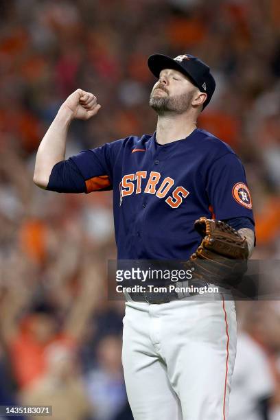 Ryan Pressly of the Houston Astros reacts after the final out of the 3-2 victory was recorded against the New York Yankees in game two of the...
