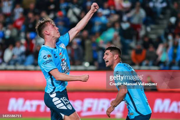 Paulino de la Fuente of Pachuca celebrates after scoring his team's third goal during the semifinal first leg match between Pachuca and Monterrey as...