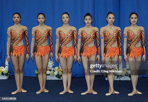 Japanese team takes second place in group competition of FIG Rhythmic Gymnastics World Cup in Penza on April 28, 2012 in Penza, Russia.