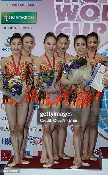 Japanese team takes second place in group competition of FIG Rhythmic Gymnastics World Cup in Penza on April 28, 2012 in Penza, Russia.