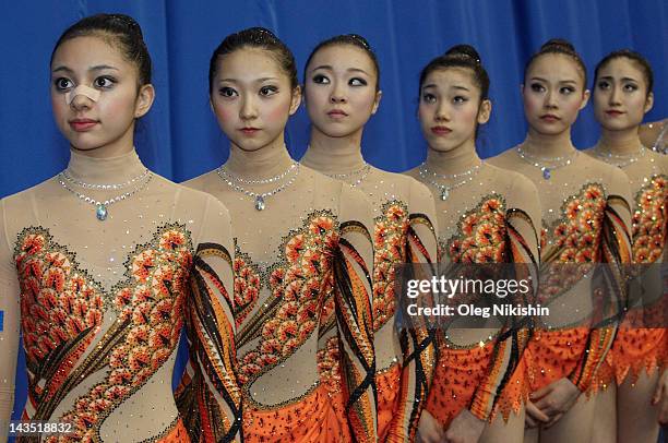 Japanese team takes second place in group competition of FIG Rhythmic Gymnastics World Cup in Penza on April 28, 2012 in Penza, Russia.