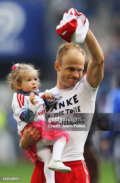 David Jarolim of Hamburg reacts after a farewell after the Bundesliga match between Hamburger SV and FSV Mainz 05 at Imtech Arena on April 28, 2012...