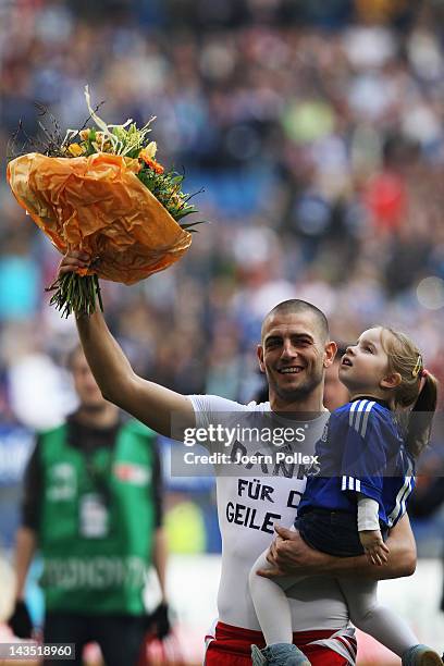 Mladen Petric of Hamburg reacts after a farewell after the Bundesliga match between Hamburger SV and FSV Mainz 05 at Imtech Arena on April 28, 2012...