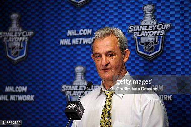 Head Coach Darryl Sutter of the Los Angeles Kings talks to the media following the game against the Vancouver Canucks in Game Four of the Western...