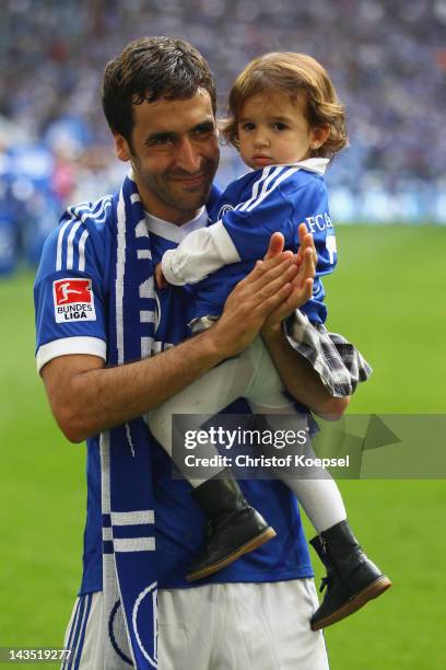 Raul Gonzalez of Schalke says farewell to the fans after winning 4-0 the Bundesliga match between FC Schalke 04 and Hertha BSC Berlin at Veltins...