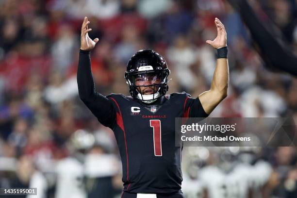 Kyler Murray of the Arizona Cardinals celebrates after handing off for a touchdown during the second half of a game against the New Orleans Saints...