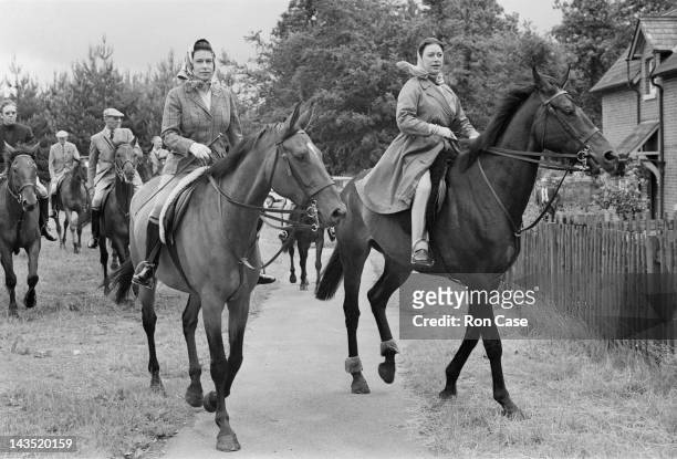 Queen Elizabeth II and Princess Margaret out riding at Ascot, 20th June 1969. Antony Armstrong-Jones, 1st Earl of Snowdon is on the left, in the...