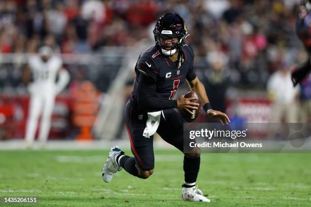 Kyler Murray of the Arizona Cardinals scrambles and looks to pass during the second half of a game between the Arizona Cardinals and the New Orleans...