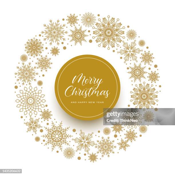 bildbanksillustrationer, clip art samt tecknat material och ikoner med wreath of hand-drawn golden snowflakes on white background. - holiday wreath