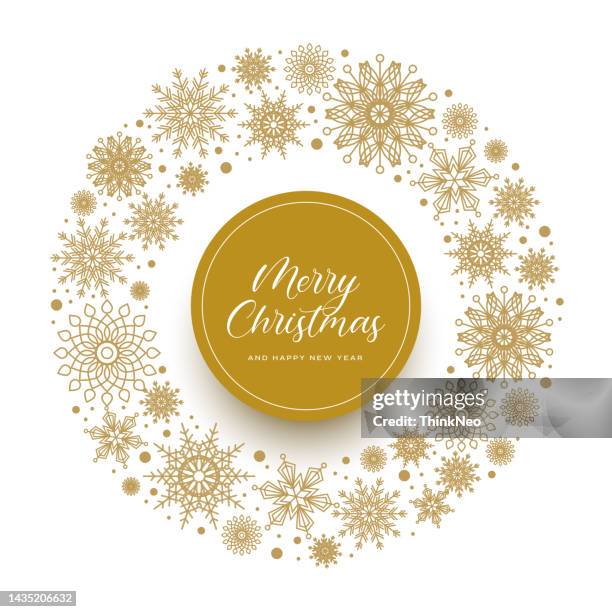 wreath of hand-drawn golden snowflakes on white background. - wreath stock illustrations