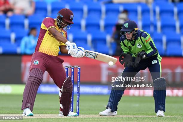 Evin Lewis of the West Indies bats during the ICC Men's T20 World Cup match between West Indies and Ireland at Bellerive Oval on October 21, 2022 in...