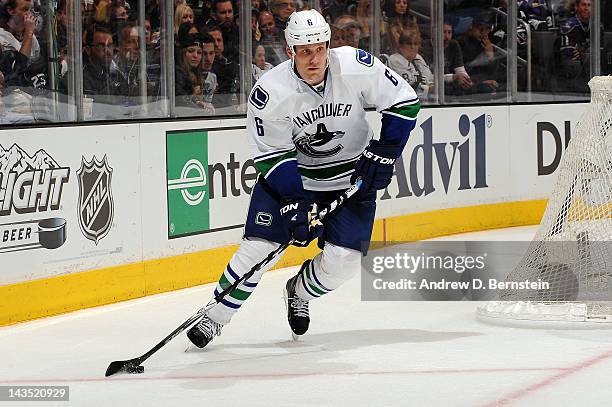 Sami Salo of the Vancouver Canucks skates with the puck against the Los Angeles Kings in Game Four of the Western Conference Quarterfinals during the...