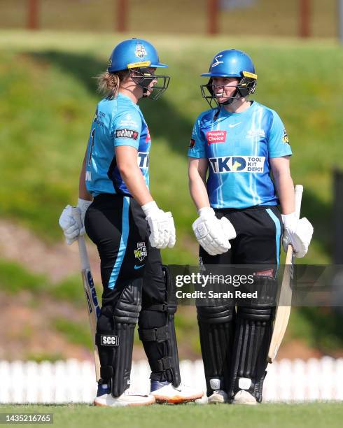 Madeline Penna of the Adelaide Strikers and Tegan McPharlin of the Adelaide Strikers during the Women's Big Bash League match between the Sydney...