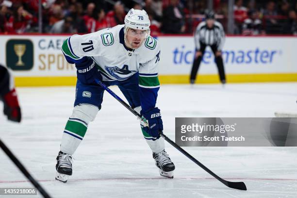 Tanner Pearson of the Vancouver Canucks lines up against the Washington Capitals during the third period of the game at Capital One Arena on October...