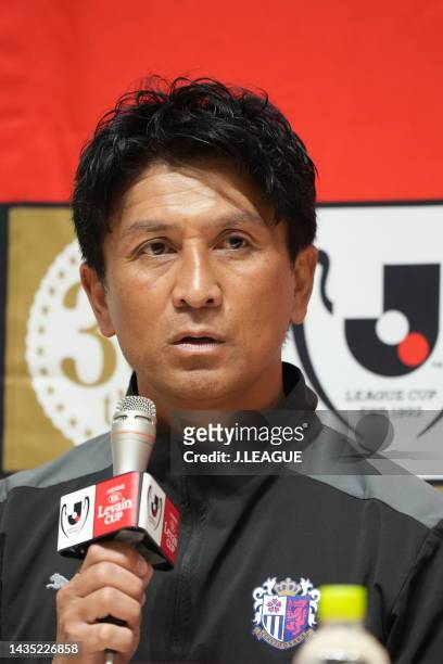 Head coach Akio KOGIKU of Cerezo Osaka speaks during the official practice and press conference ahead of J.LEAGUE YBC Levain Cup final between Cerezo...