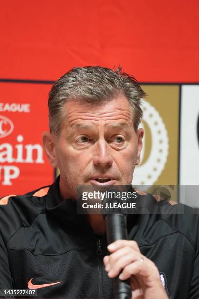 Head coach MICHAEL SKIBBE of Sanfrecce Hiroshima speaks during the official practice and press conference ahead of J.LEAGUE YBC Levain Cup final...