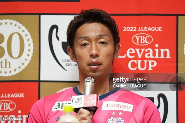 Hiroshi KIYOTAKE of Cerezo Osaka speaks during the official practice and press conference ahead of J.LEAGUE YBC Levain Cup final between Cerezo Osaka...