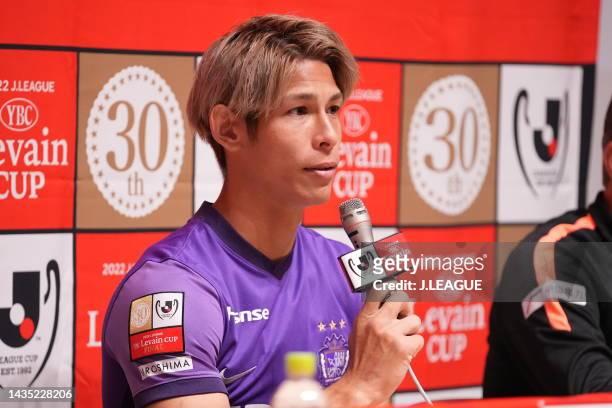 Sho SASAKI of Sanfrecce Hiroshima speaks during the official practice and press conference ahead of J.LEAGUE YBC Levain Cup final between Cerezo...