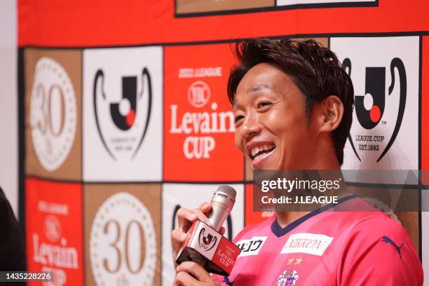 Hiroshi KIYOTAKE of Cerezo Osaka speaks during the official practice and press conference ahead of J.LEAGUE YBC Levain Cup final between Cerezo Osaka...