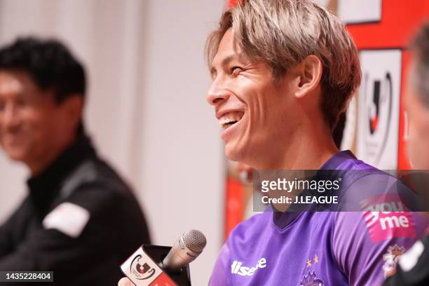 Sho SASAKI of Sanfrecce Hiroshima laughs during the official practice and press conference ahead of J.LEAGUE YBC Levain Cup final between Cerezo...