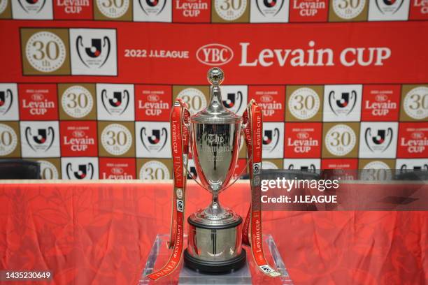 Trophy of YBC Levain Cup is displayed during the official practice and press conference ahead of J.LEAGUE YBC Levain Cup final between Cerezo Osaka...