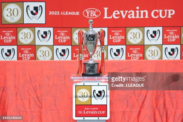 Trophy of YBC Levain Cup is displayed during the official practice and press conference ahead of J.LEAGUE YBC Levain Cup final between Cerezo Osaka...