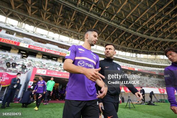 Of Sanfrecce Hiroshima talks with staff during the official practice and press conference ahead of J.LEAGUE YBC Levain Cup final between Cerezo Osaka...