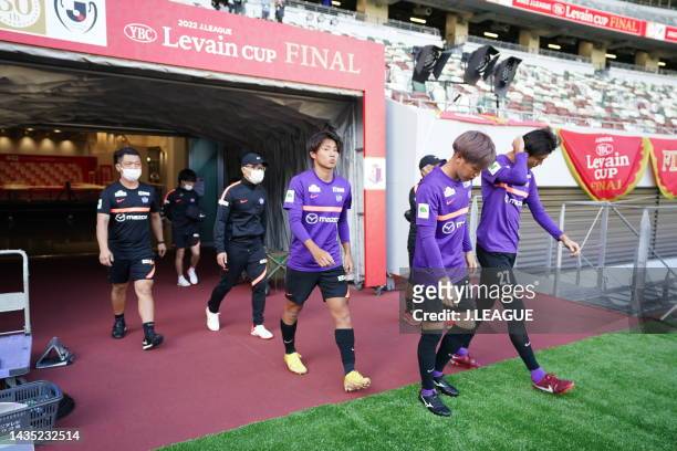 Sanfrecce Hiroshima players are seen during the official practice and press conference ahead of J.LEAGUE YBC Levain Cup final between Cerezo Osaka...