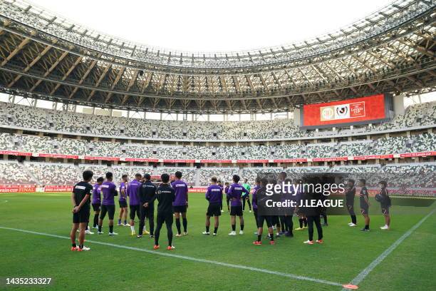 Sanfrecce Hiroshima players huddle during the official practice and press conference ahead of J.LEAGUE YBC Levain Cup final between Cerezo Osaka and...
