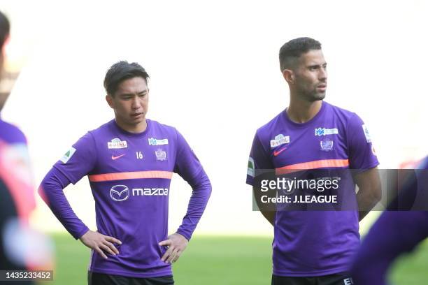 Yuya ASANO of Sanfrecce Hiroshima and NASSIM BEN KHALIFA of Sanfrecce Hiroshima are seen during the official practice and press conference ahead of...