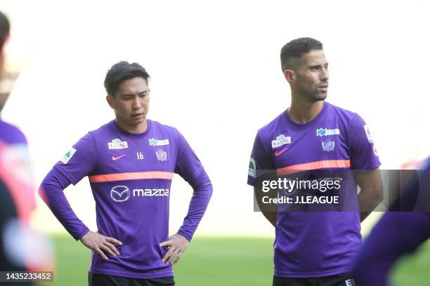 Yuya ASANO of Sanfrecce Hiroshima and NASSIM BEN KHALIFA of Sanfrecce Hiroshima are seen during the official practice and press conference ahead of...