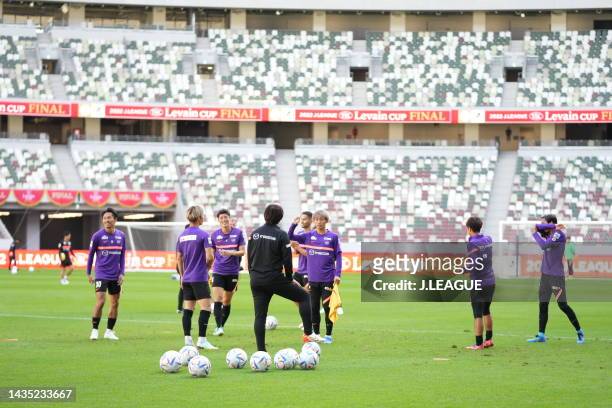 Sanfrecce Hiroshima players warm up during the official practice and press conference ahead of J.LEAGUE YBC Levain Cup final between Cerezo Osaka and...